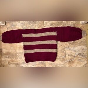 Hand Crocheted Striped Women’s Sweater Puff Sleeve Burgundy And Beige